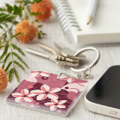 Crème witte en perzikroze bloemmotief sleutelhanger (Voorkant Rechts)