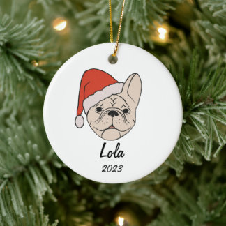 Crème/Witte Frenchie Santa Hoed Kerstmis Ornament