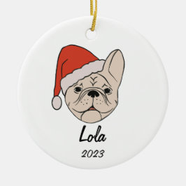 Crème/Witte Frenchie Santa Hoed Kerstmis Ornament
