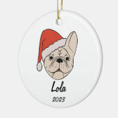 Crème/Witte Frenchie Santa Hoed Kerstmis Ornament (Links)