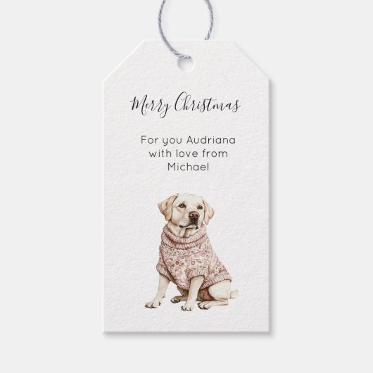 Crème Witte Hond Roze Bloem Kerst  Cadeaulabel (Voorkant)