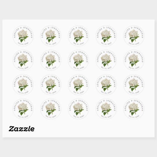 Crème Witte Hortensia Namen En Trouwdatum Ronde Sticker (Vel)