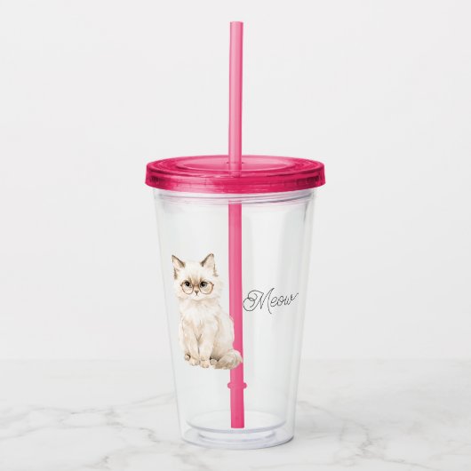 Crème Witte Kat Bril Miauw Acryl Drinkbeker (Voorkant)
