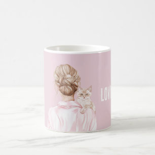 Crème Witte Kat Roze Strik Vrouwelijk Koffiemok