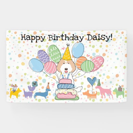 Crème Witte Labradoodle Hond Verjaardagsfeestje Spandoek (Horizontaal)