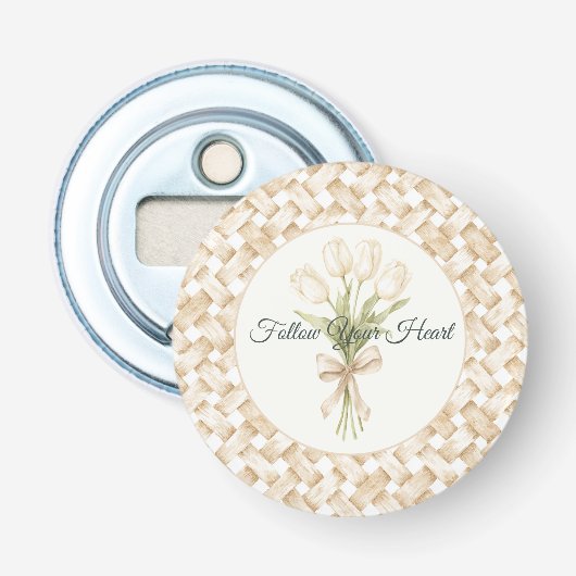 Crème Witte Nep Mand Vlechtwerk   Button Flesopener (Voorkant)