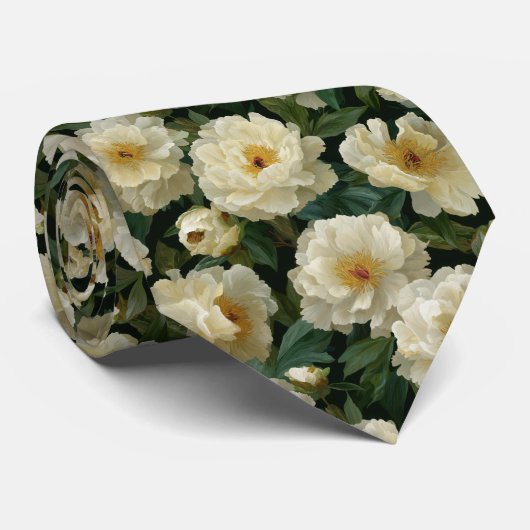 Crème Witte Pioen Bloempatroon Stropdas (Opgerold)
