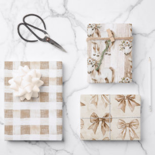 Crème Witte Plaid Strepen Bloem Paard Verjaardag Inpakpapier Vel