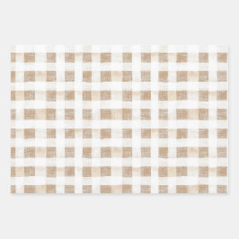 Crème Witte Plaid Strepen Bloemige Verjaardag Inpakpapier Vel