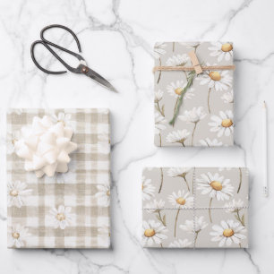 Crème Witte Plaid Strepen Madeliefje Bloemige Verj Inpakpapier Vel
