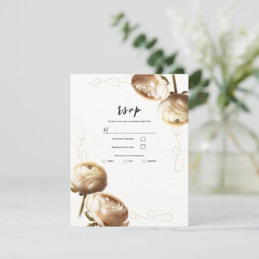 Crème & Witte Ranunculus Bloem Bruiloft RSVP Kaart (Staand voorkant)