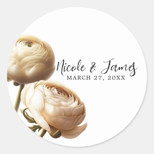 Crème & Witte Ranunculus Bloemenbruiloft Ronde Sticker (Voorkant)