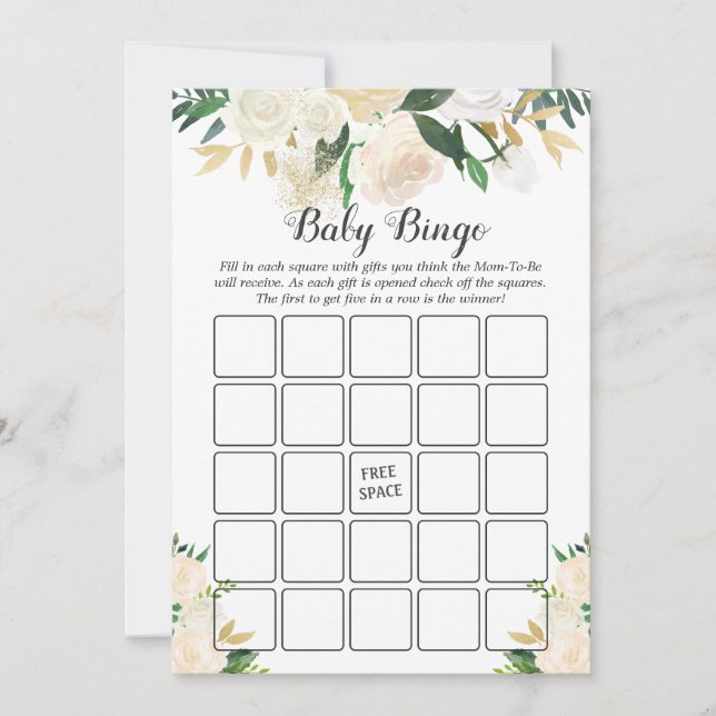 Crème Witte Roos Bloemige Baby Shower Bingo Spel (Voorkant)