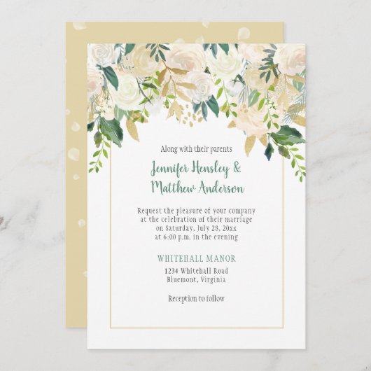 Crème Witte Rozen Cascade bruiloft uitnodiging (Voorkant / Achterkant)