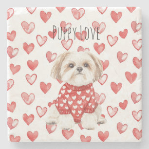 Crème Witte Shih Zhu Hond Rood Hartjes Trui Stenen Onderzetter