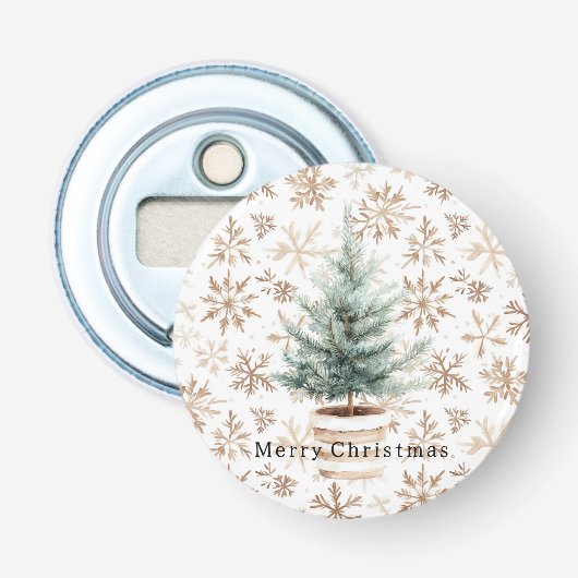 Crème Witte Sneeuwvlokken Kerstboom  Button Flesopener (Voorkant)