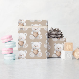 Crème Witte Teddys Beren Harten Baby Shower Cadeaupapier