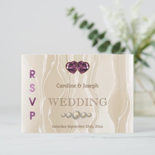 Crème Zijde Chique Violet Hart Sieraden RSVP Kaartje (Staand voorkant)