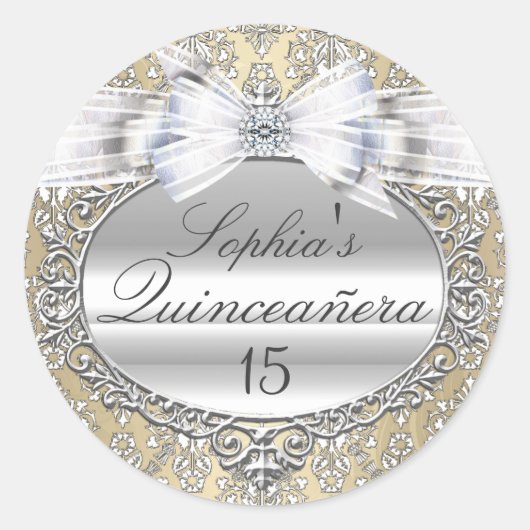 Crème & Zilveren Boog Quinceanera Sticker (Voorkant)