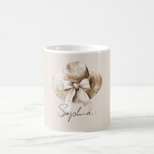 Crème zomerhoed met mooie roze strik koffiemok