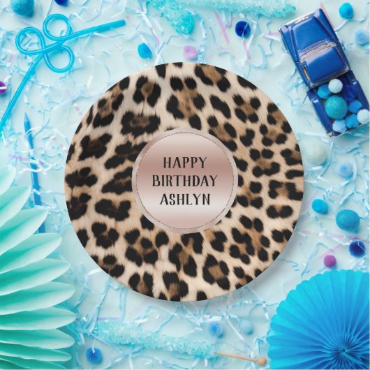 Crème Zwart Bruin Leopard Blush Roze Verjaardag Papieren Bordje (Feest)