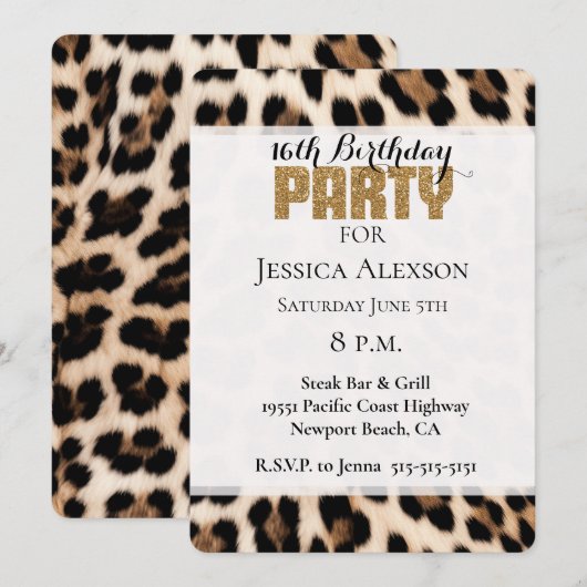 Crème Zwart Bruin Leopard Goud Glitter Party Kaart (Voorkant / Achterkant)