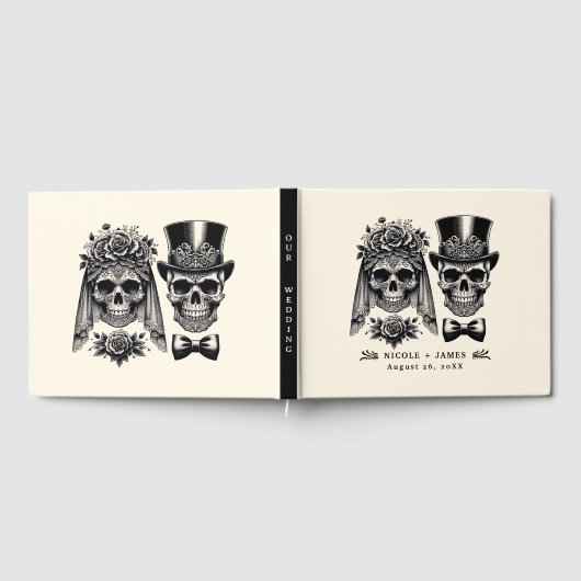 Crème Zwart & Goud  Skelet Bruiloft Gastenboek (Volledig)