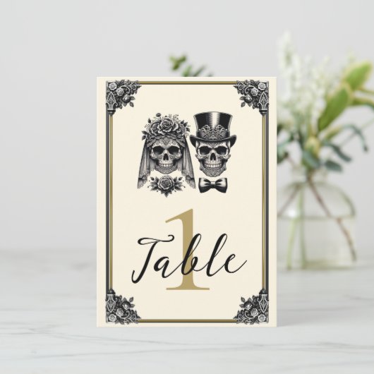 Crème Zwart & Goud  Skelet Bruiloft Kaart (Staand voorkant)