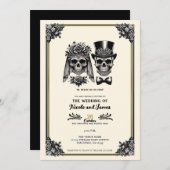 Crème Zwart & Goud Skelet Bruiloft Kaart (Voorkant / Achterkant)