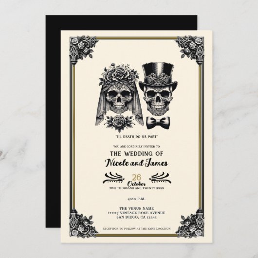 Crème Zwart & Goud Skelet Bruiloft Kaart (Voorkant / Achterkant)
