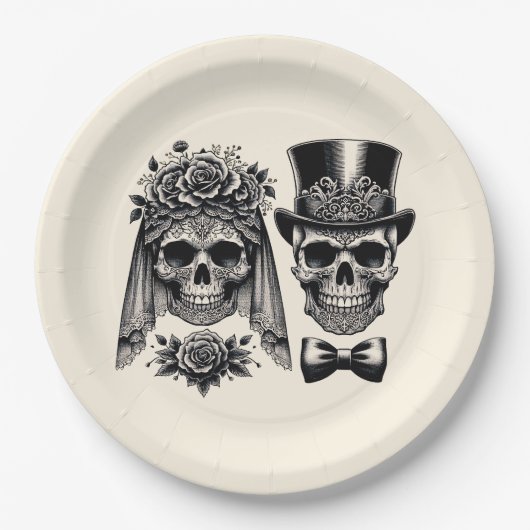 Crème Zwart & Goud Skelet Bruiloft Papieren Bordje (Voorkant)
