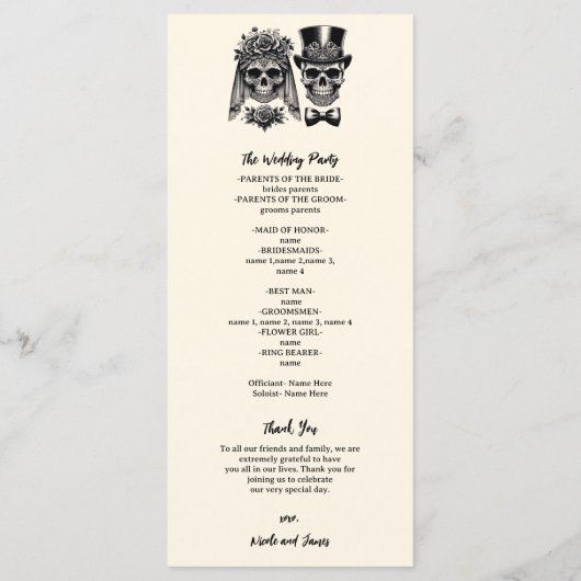 Crème Zwart & Goud  Skelet Bruiloft Programmakaart (Achterkant)
