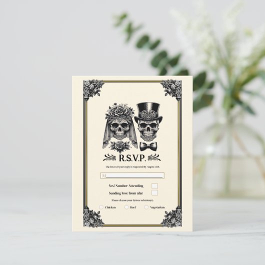 Crème Zwart & Goud Skelet Bruiloft RSVP Kaart (Staand voorkant)