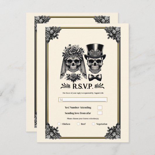Crème Zwart & Goud Skelet Bruiloft RSVP Kaart (Voorkant / Achterkant)