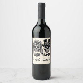 Crème Zwart & Goud  Skelet Bruiloft Wijn Etiket