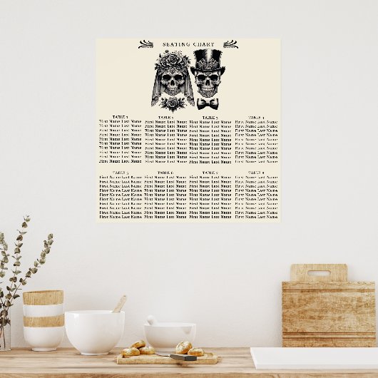 Crème Zwart Goud Skelet Bruiloft Zitting Poster (Keuken)