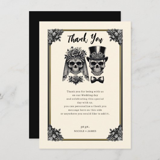 Crème Zwart & Goud Skelet Dank u Kaart (Voorkant / Achterkant)
