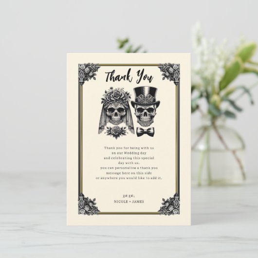Crème Zwart & Goud Skelet Dank u Kaart (Staand voorkant)