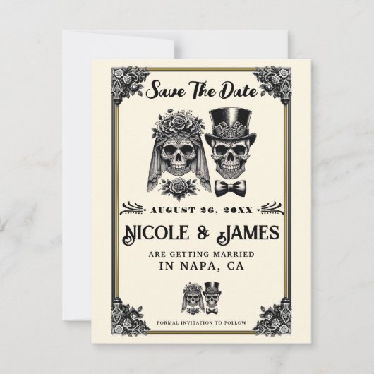 Crème Zwart & Goud Skelet Save the Date Kaart (Voorkant)