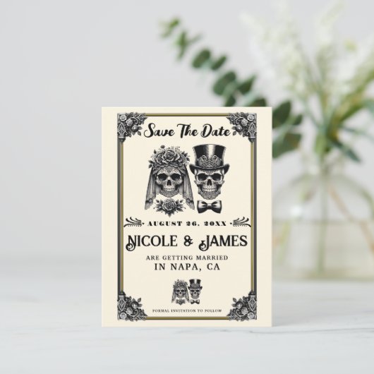 Crème Zwart & Goud  Skelet Save the Date Kaart (Staand voorkant)