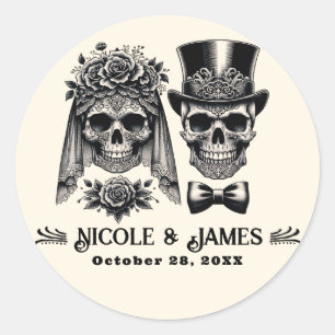 Crème Zwart & Goud Vintage Skelet Bruiloft  Ronde Sticker