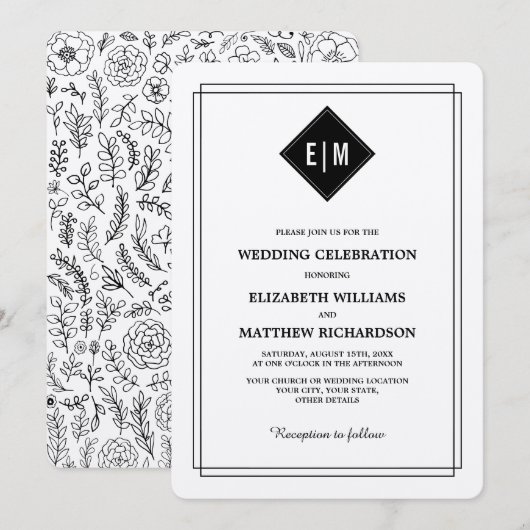 Crème | Zwarte bloemenprint Trouw Kaart (Voorkant / Achterkant)