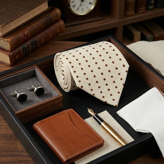 Crème & Zwarte Micro Stippenprint Stropdas