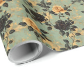 Crème & Zwarte Rozen op Sage Green Floral Cadeaupapier (Rol Hoek)