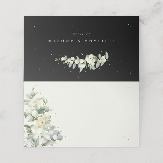 Crème/zwarte sneeuwbes + eucalyptus bruiloft plaatskaartje (Buitenkant ongevouwen)