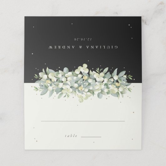 Crème/zwarte sneeuwbes + eucalyptus bruiloft plaatskaartje (Buitenkant ongevouwen)