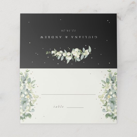 Crème/zwarte sneeuwbes + eucalyptus bruiloft plaatskaartje (Buitenkant ongevouwen)