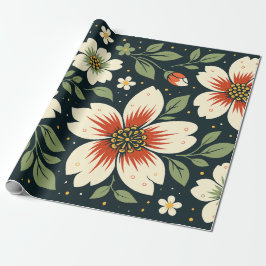 Crèmebloemen met rode centra en groene bladeren cadeaupapier