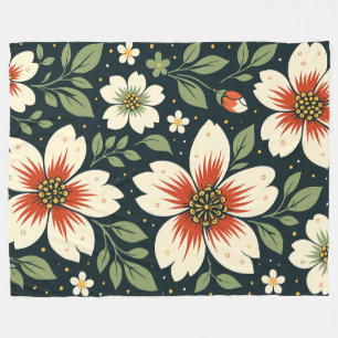 Crèmebloemen met rode centra en groene bladeren fleece deken