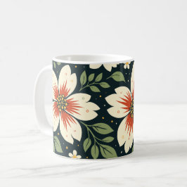Crèmebloemen met rode centra en groene bladeren koffiemok